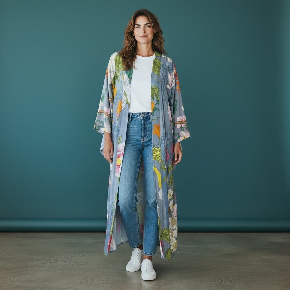 Powder Design Tropical Floral Monkey Kimono Duster M/L Cover Up Modal Viscose